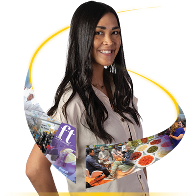 Woman smiling with a food industry collage swirling around her